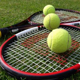 Tennis rackets and balls.