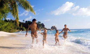 A family on holiday in the Seychelles.