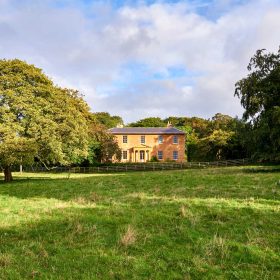 A charming house enveloped by vibrant trees and a grassy landscape, showcasing a peaceful outdoor setting