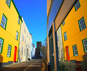 Colorful buildings in Lyme Regis, Dorset.
