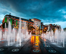 Fountains at Piccadilly garden in Manchester city center,