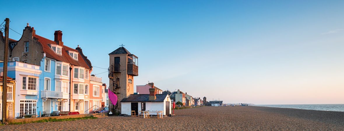 The seafront and beach in Aldeburgh on the Suffolk coast.
