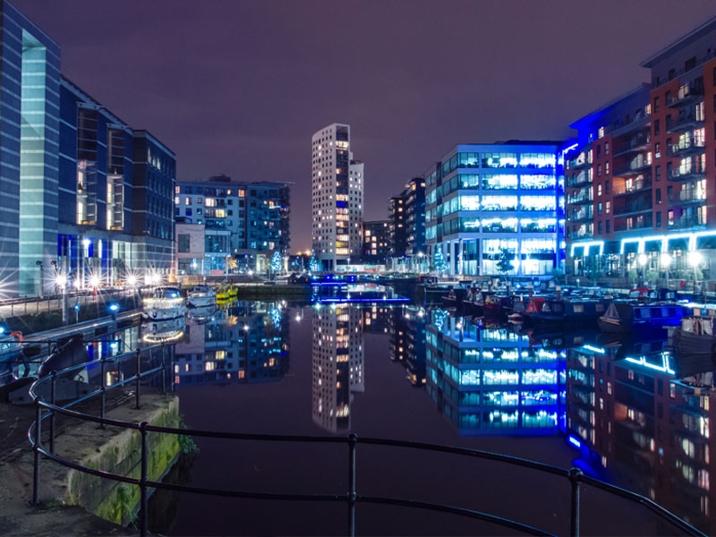 Leeds city center at night.