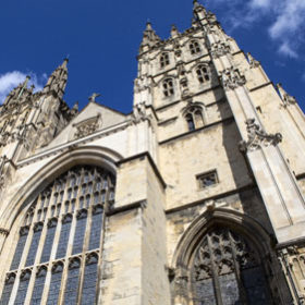 Looking up at Canterbury Cathedral in Kent.