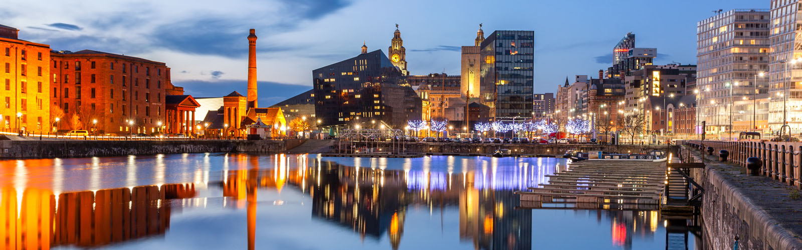 Night view of Liverpool, skyline towards Albert Dock.