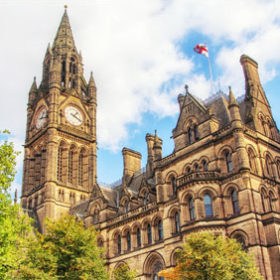Looking up at Manchester town hall.