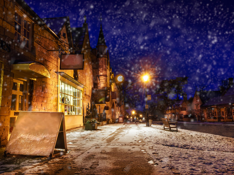 Gloucestershire high street snowy.