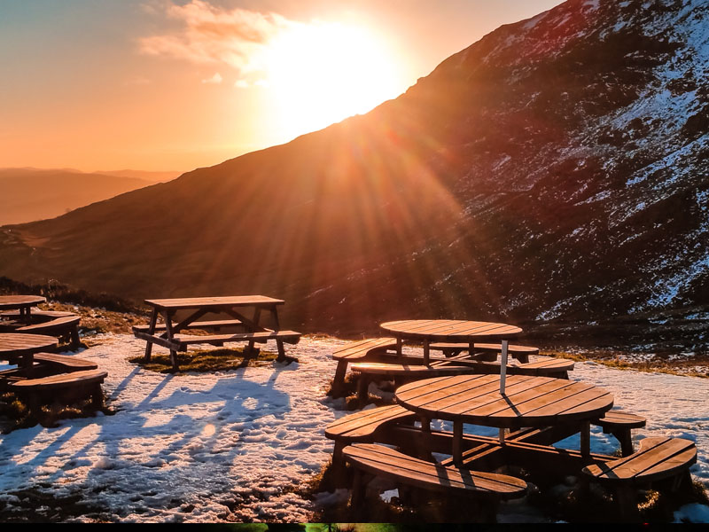 Snow winter sunset at the top of Kirkstone Pass, Cumbria.