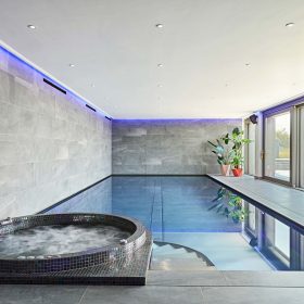 Pool, hot tub and living spaces